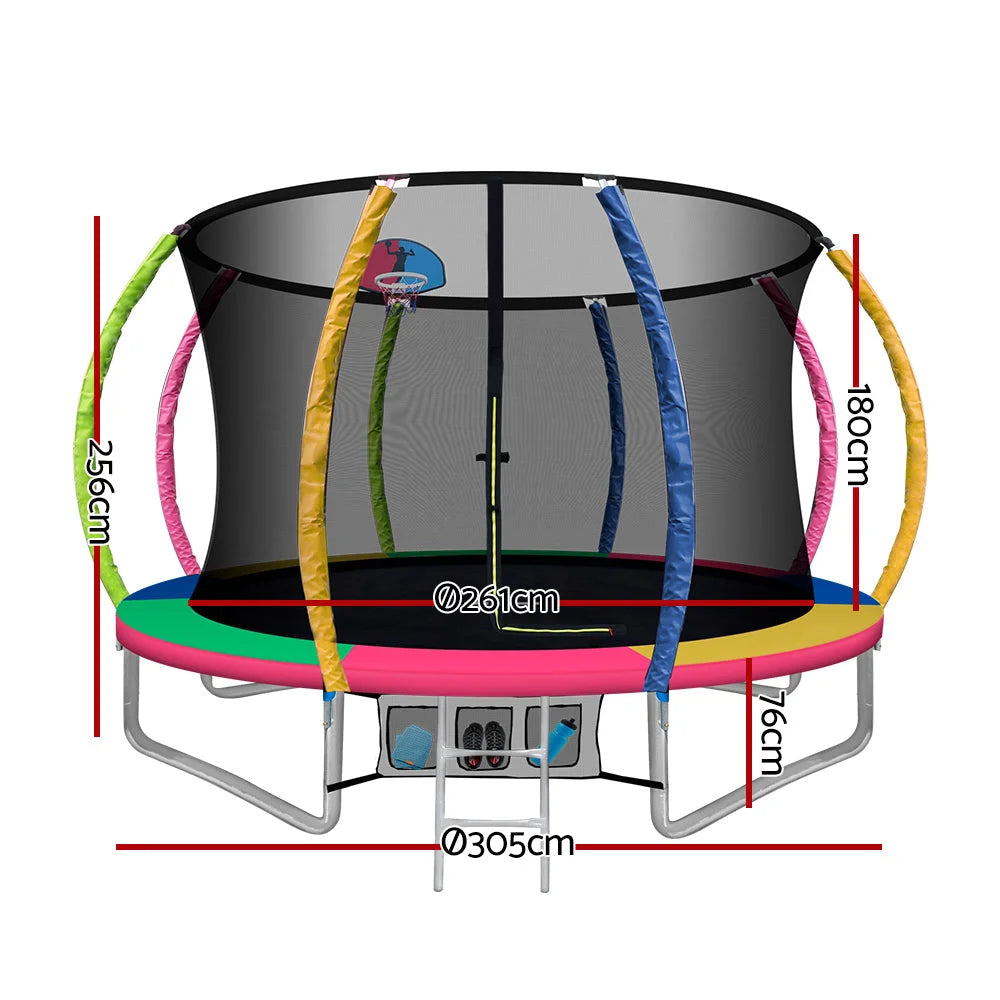 Trampoline round basketball with hoop safety net enclosure