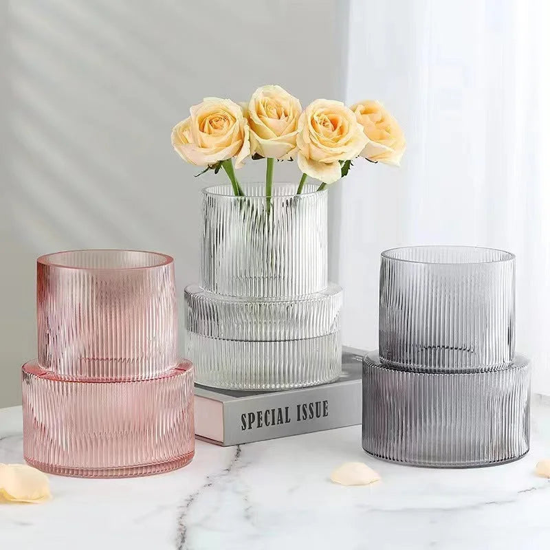 Transparent Modern Two-Tier Ribbed Glass Vase - Elegant