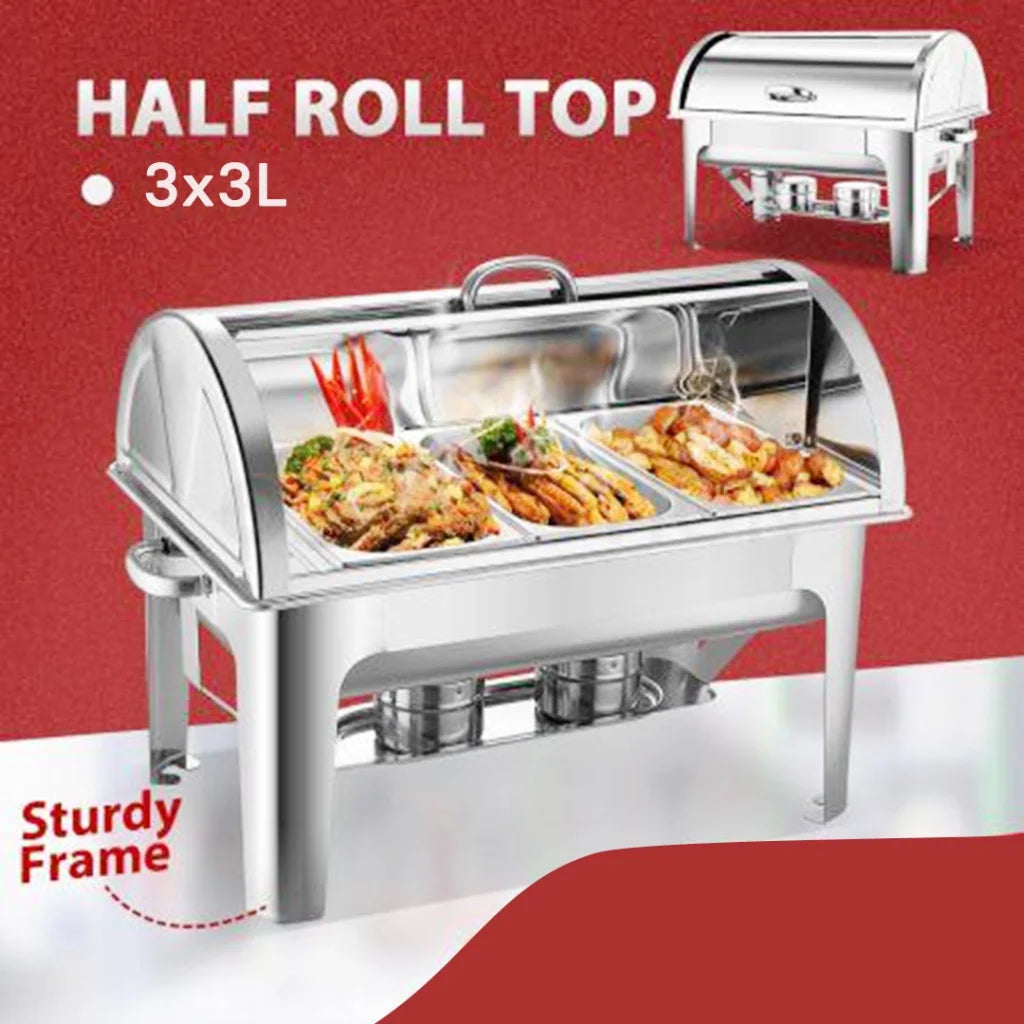 Triple Tray Chafing Dish 3L Stainless Steel Roll Top Food Warmer - Premium
