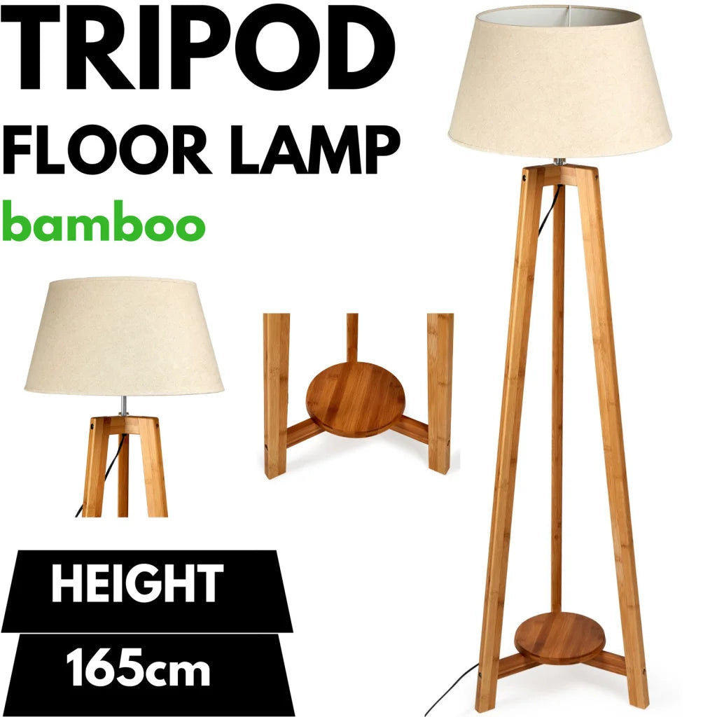 Tripod Floor Lamp 155cm Large Bamboo Wooden with Beige