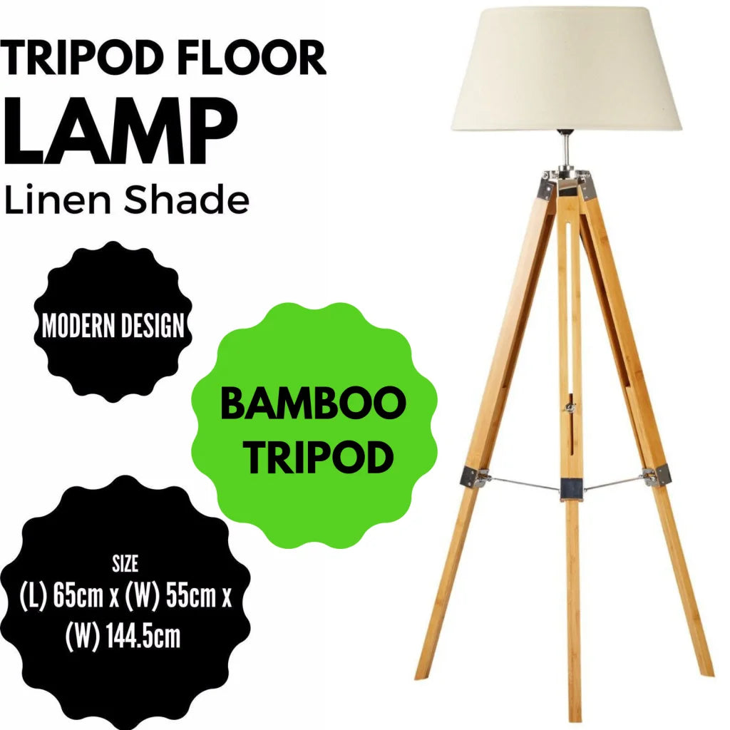 Tripod Floor Lamp Large Bamboo Shade Modern Vintage Wooden