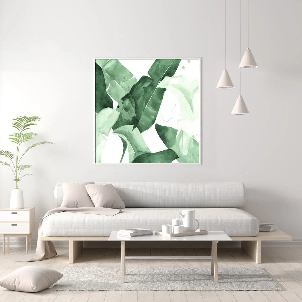 Tropical Leaves Wall Art Square Size - White Frame Canvas