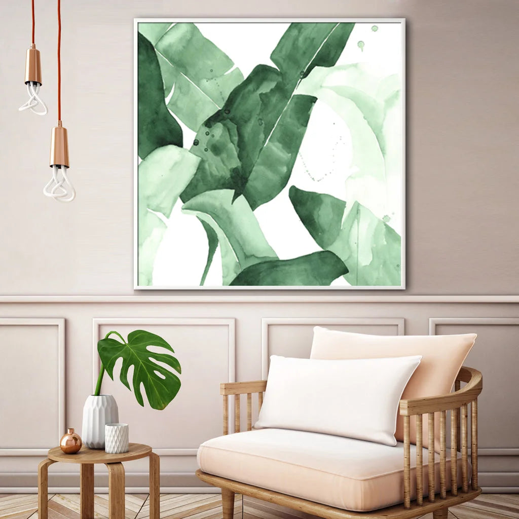 Tropical Leaves Wall Art Square Size - White Frame Canvas