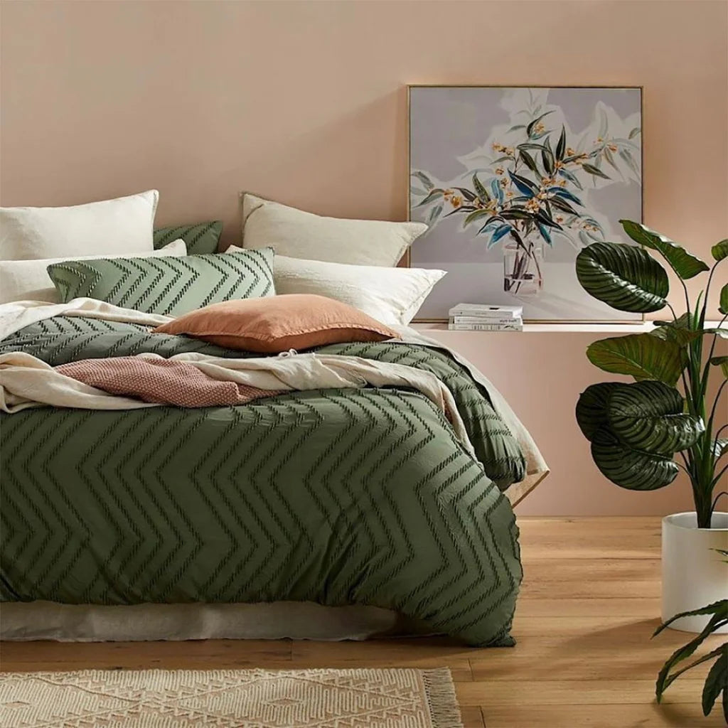 Tufted Boho Wave Jacquard Quilt Cover Set Dark Green - King