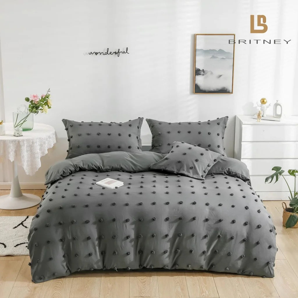 Tufted Dot Jacquard Duvet Quilt Cover Set King Size Grey