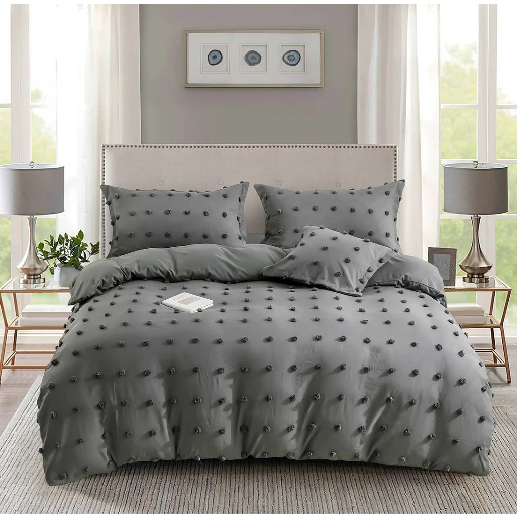 Tufted Dot Jacquard Duvet Quilt Cover Set King Size Grey