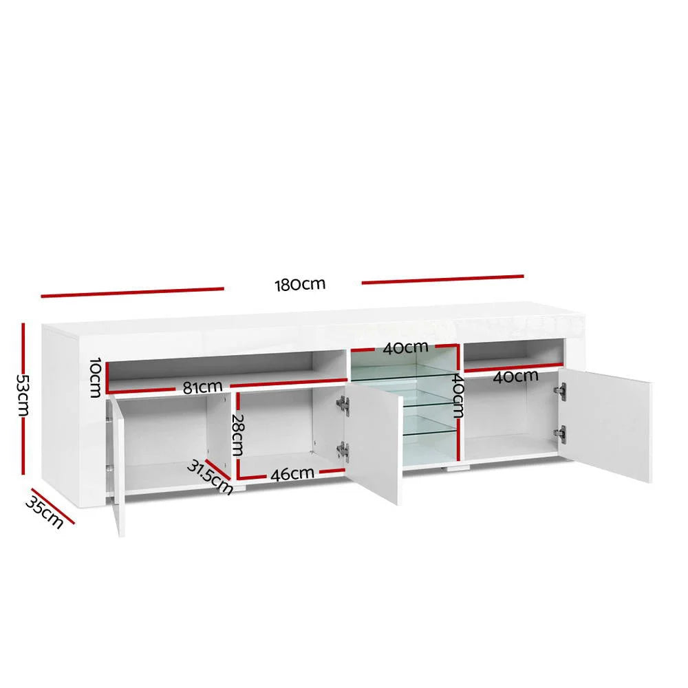 White 180cm TV stand with adjustable supports and fitted brackets