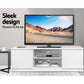 White entertainment unit with caster wheels and side handle rail