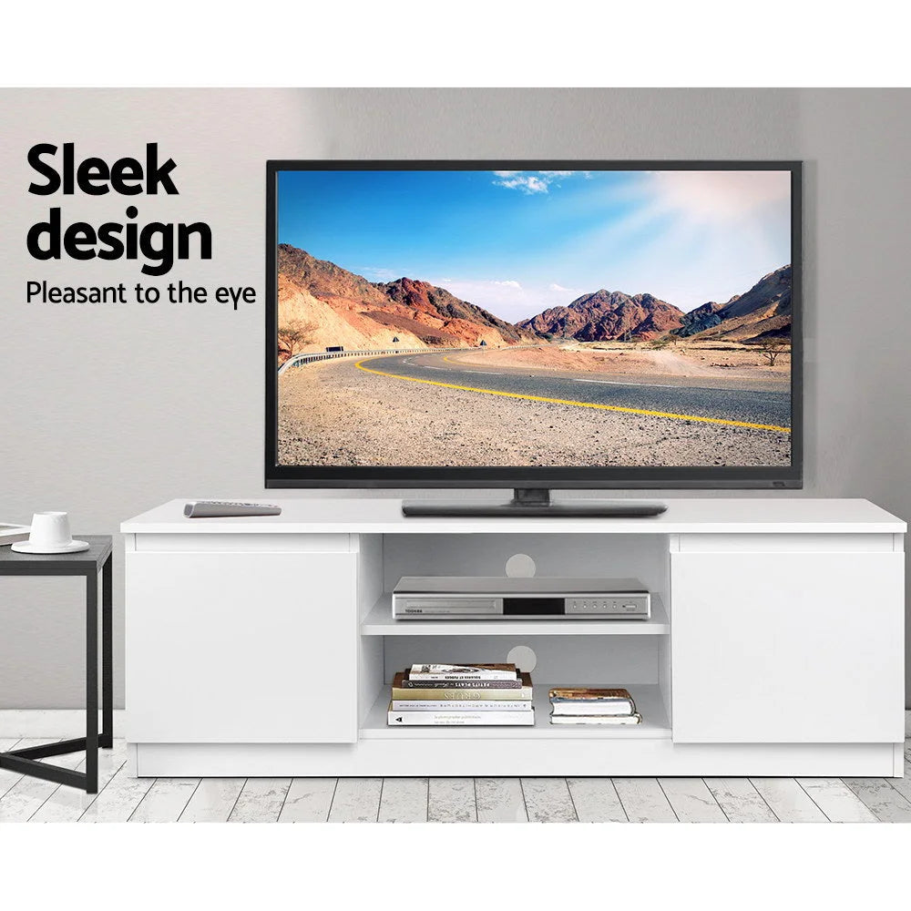 White entertainment unit with caster wheels and side handle rail