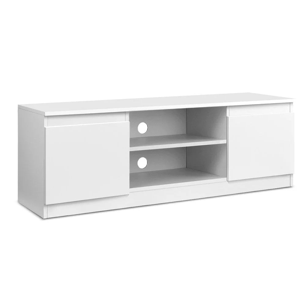 White entertainment unit with long media cabinet and tapered base rail