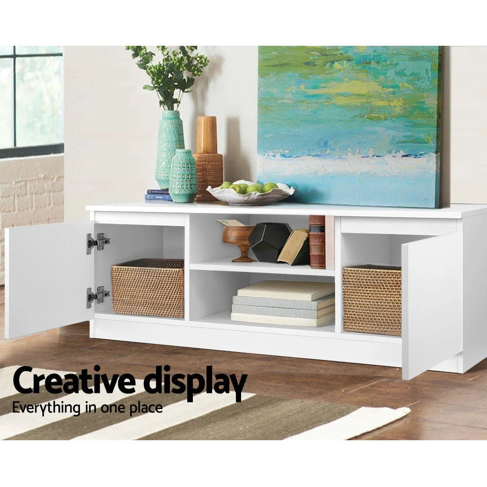 Entertainment unit with ribbed cabinet doors and long media console top