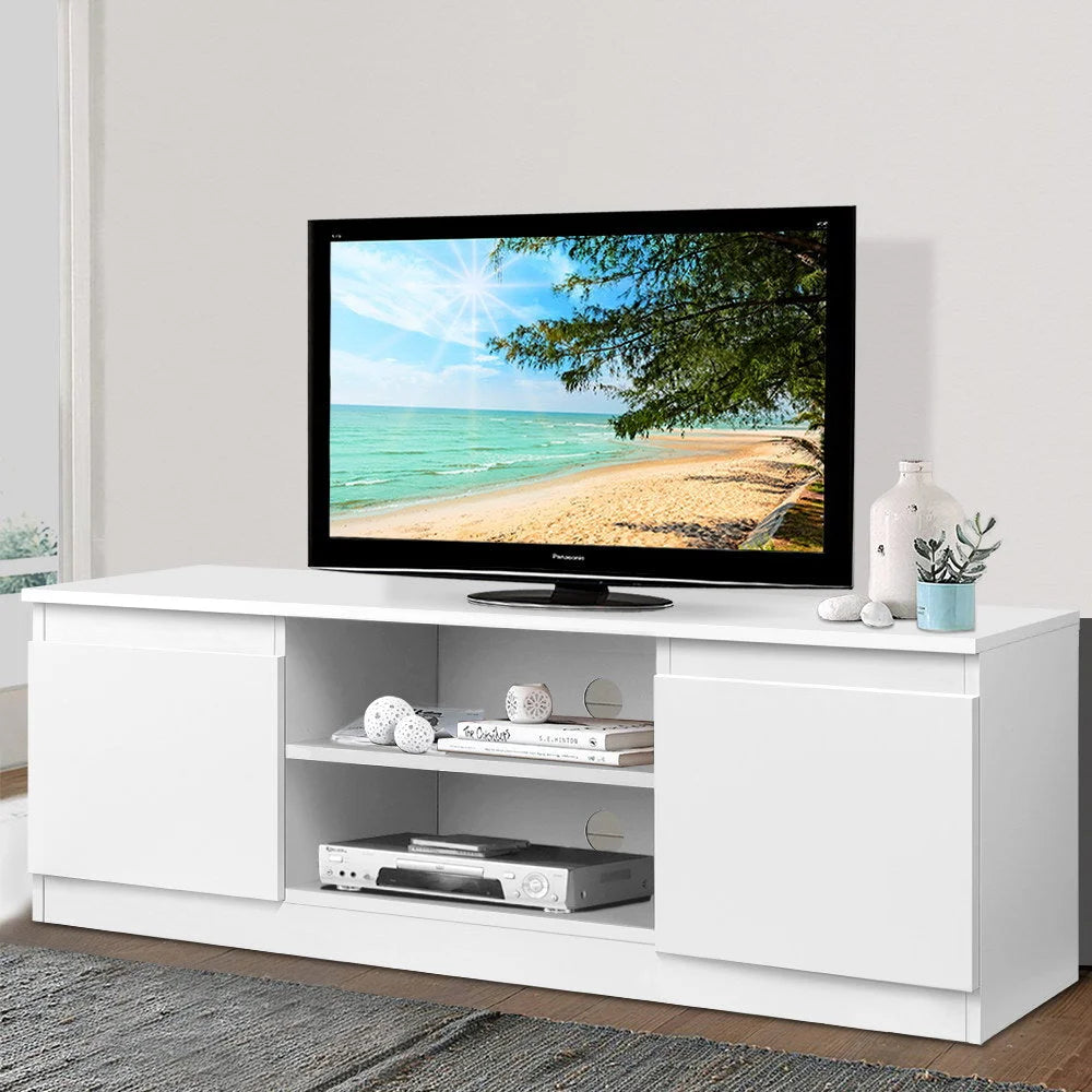 White entertainment unit with natural timber finish and sliding door storage
