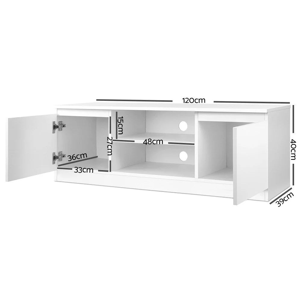Entertainment unit with long media cabinet and tapered base rail