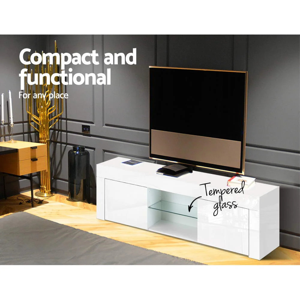 White glass 130cm storage cabinet with lower support frame and fitted legs