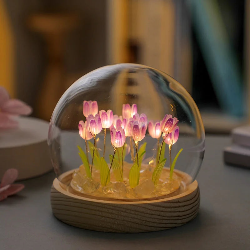 (Twenty Purple Tulips) Glowing Tulip Dome Lamp - Wooden