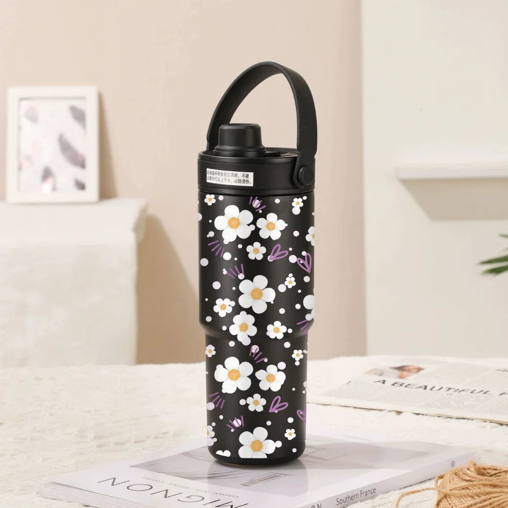 Twilight Black White Flowers 30oz Ceramic Lined Insulated
