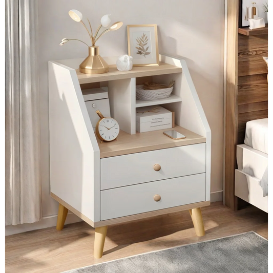 Two-Tone Nightstand Wooden Legs Compartment Storage Drawers