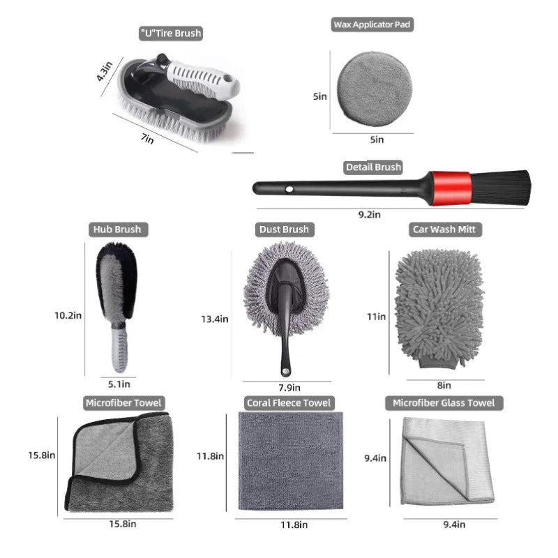Type B 9-Piece Car Wash Tool Kit - Tire & Wheel Brushes