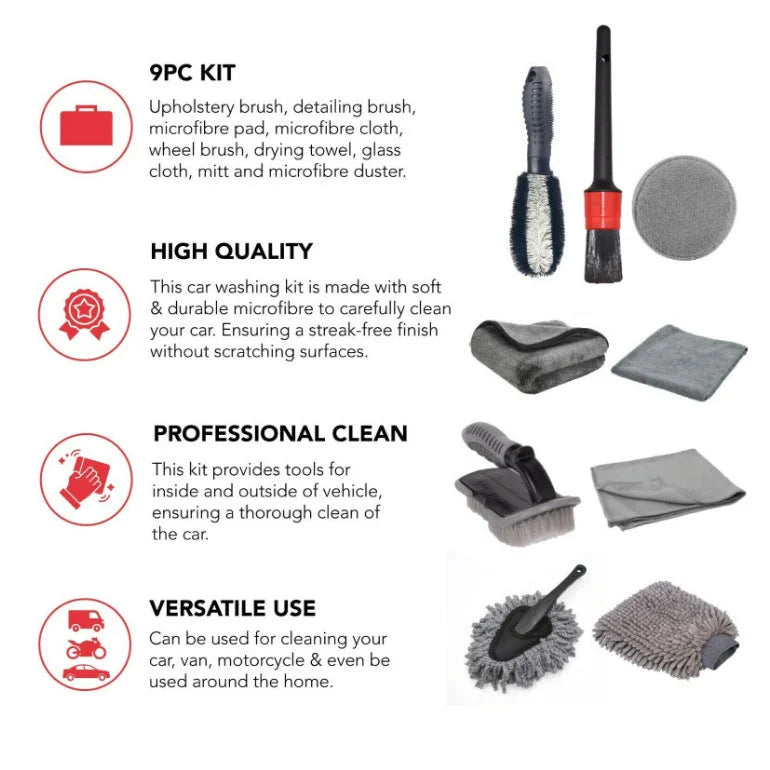 Type B 9-Piece Car Wash Tool Kit - Tire & Wheel Brushes