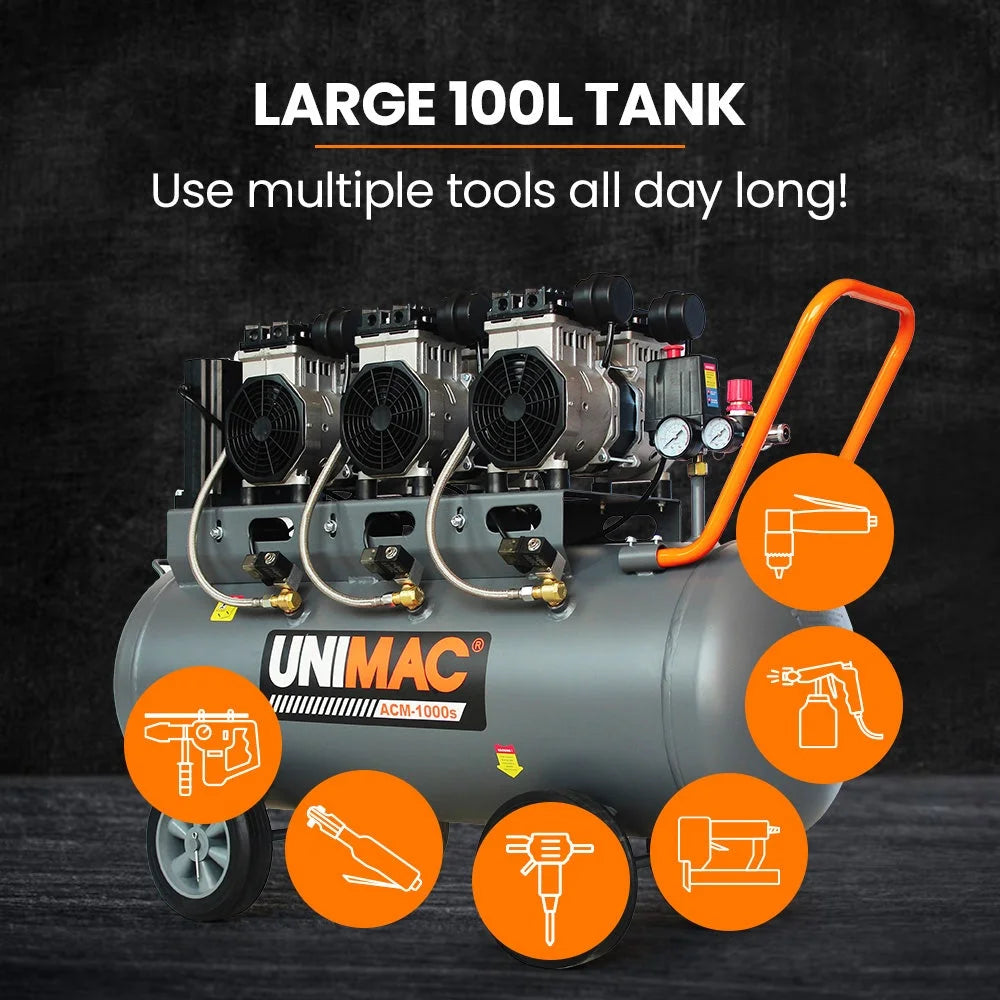 UNIMAC 100L 4.5HP Silent Oil-Free Air Compressor with Twin