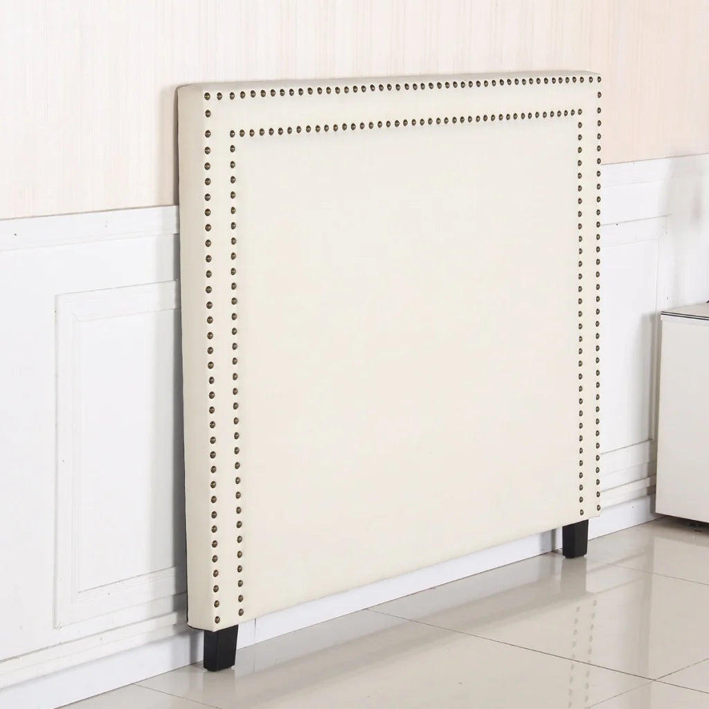 Upholstered Fabric Bed Head Queen Size - White with Studded