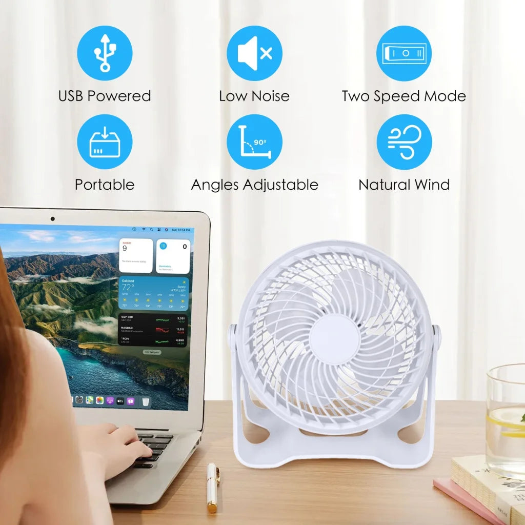 USB Powered Desk Fan Portable 2 Speed Adjustable White