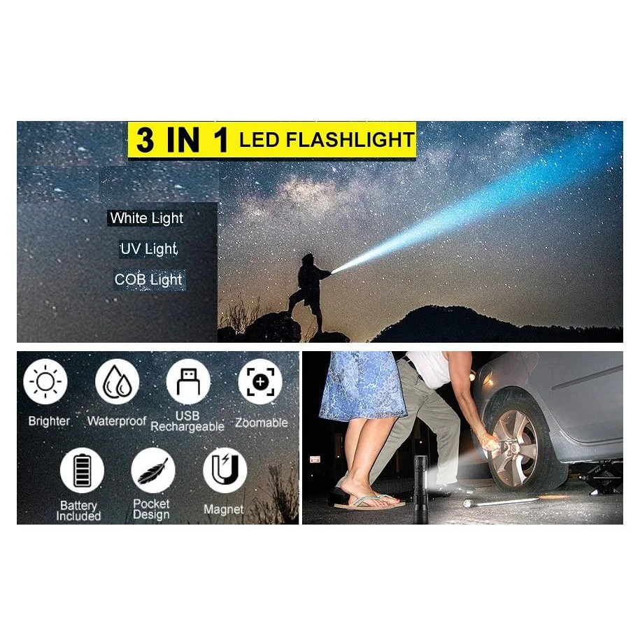 UV Light Flashlight Torch 7 Modes Waterproof Rechargeable