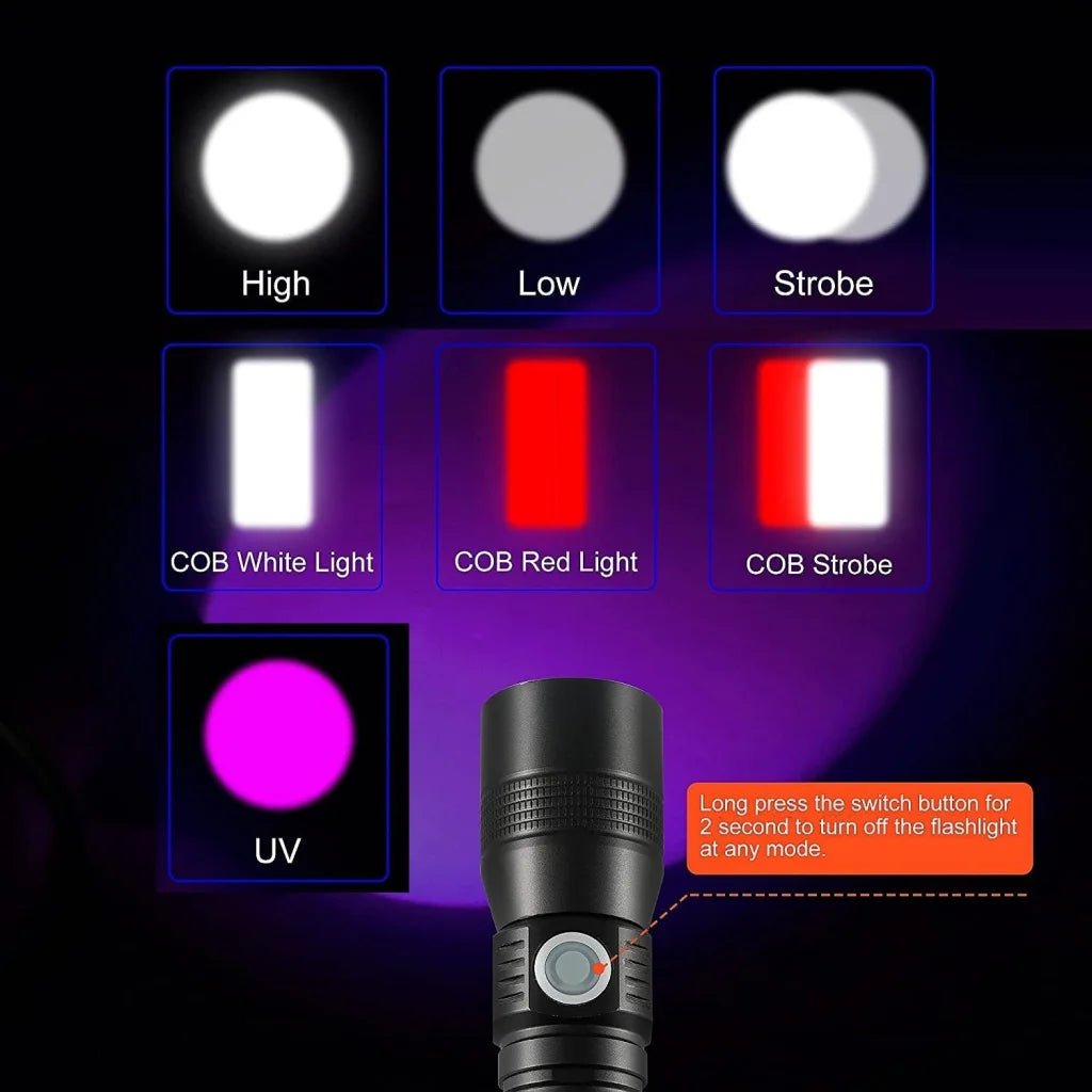 UV Light Flashlight Torch 7 Modes Waterproof Rechargeable