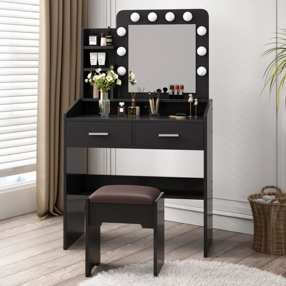 Vanity Set Diana with Shelves Cushioned Stool and Lighted