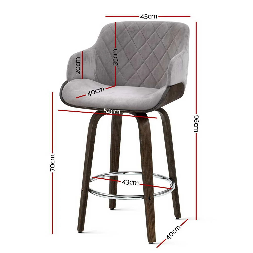 Velvet Bar Stool Swivel - Grey and Wood - Bar Stools &
