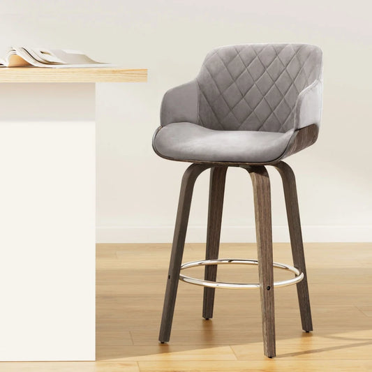 Velvet Bar Stool Swivel - Grey and Wood - Bar Stools &