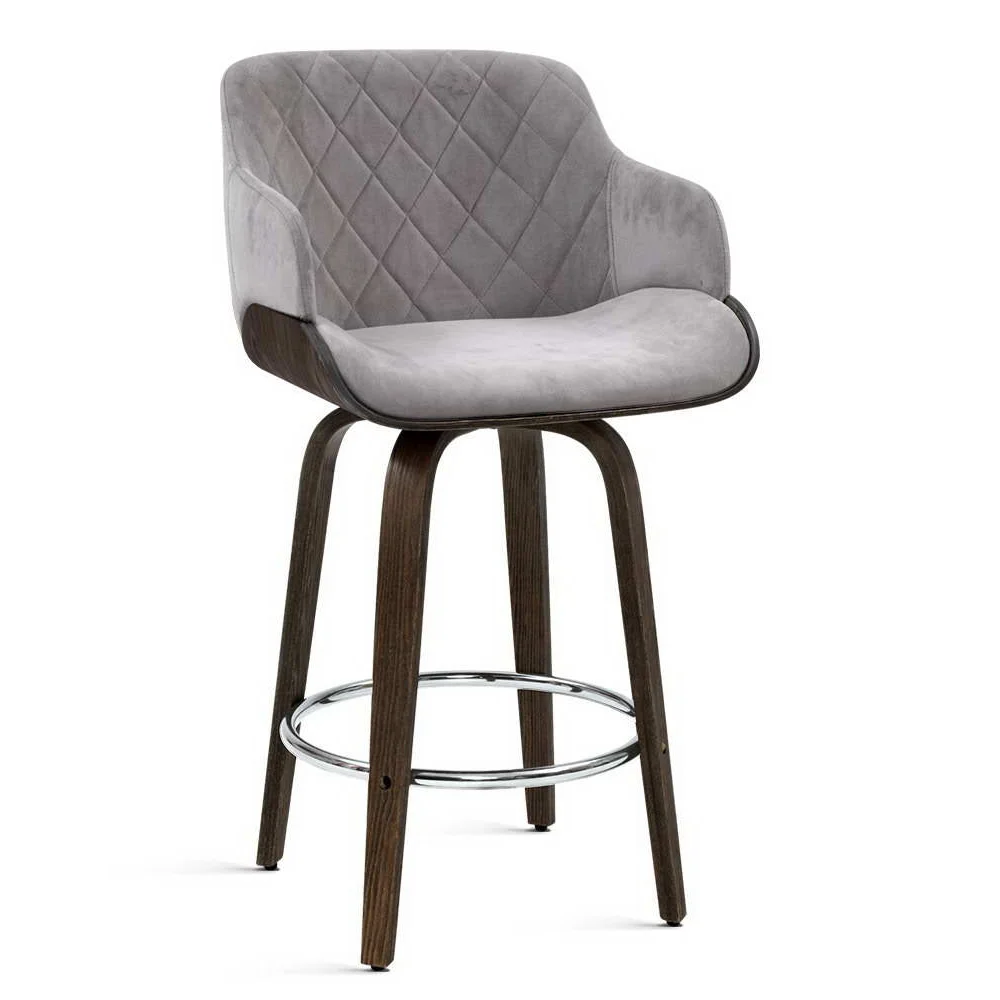 Velvet Bar Stool Swivel - Grey and Wood - Bar Stools &