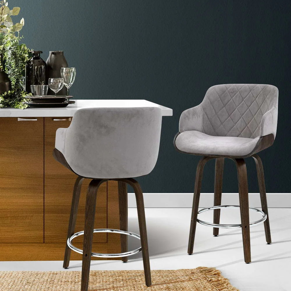 Velvet Bar Stool Swivel - Grey and Wood - Bar Stools &