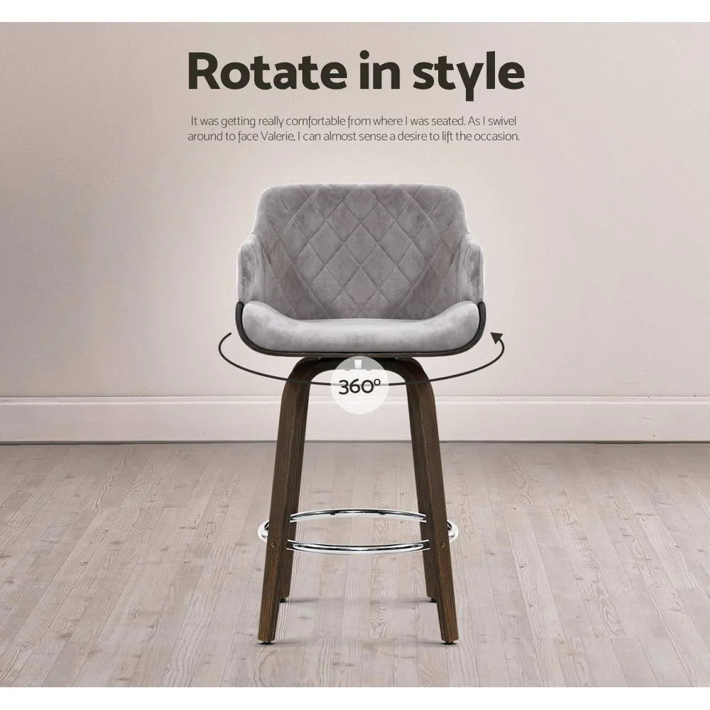 Velvet Bar Stool Swivel - Grey and Wood - Bar Stools &