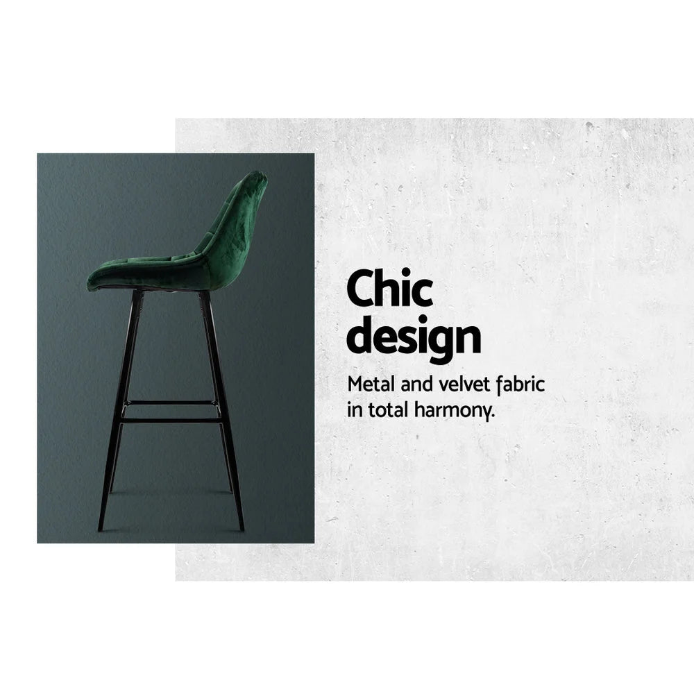 Green velvet bar stool set with chair legs and seat detailing
