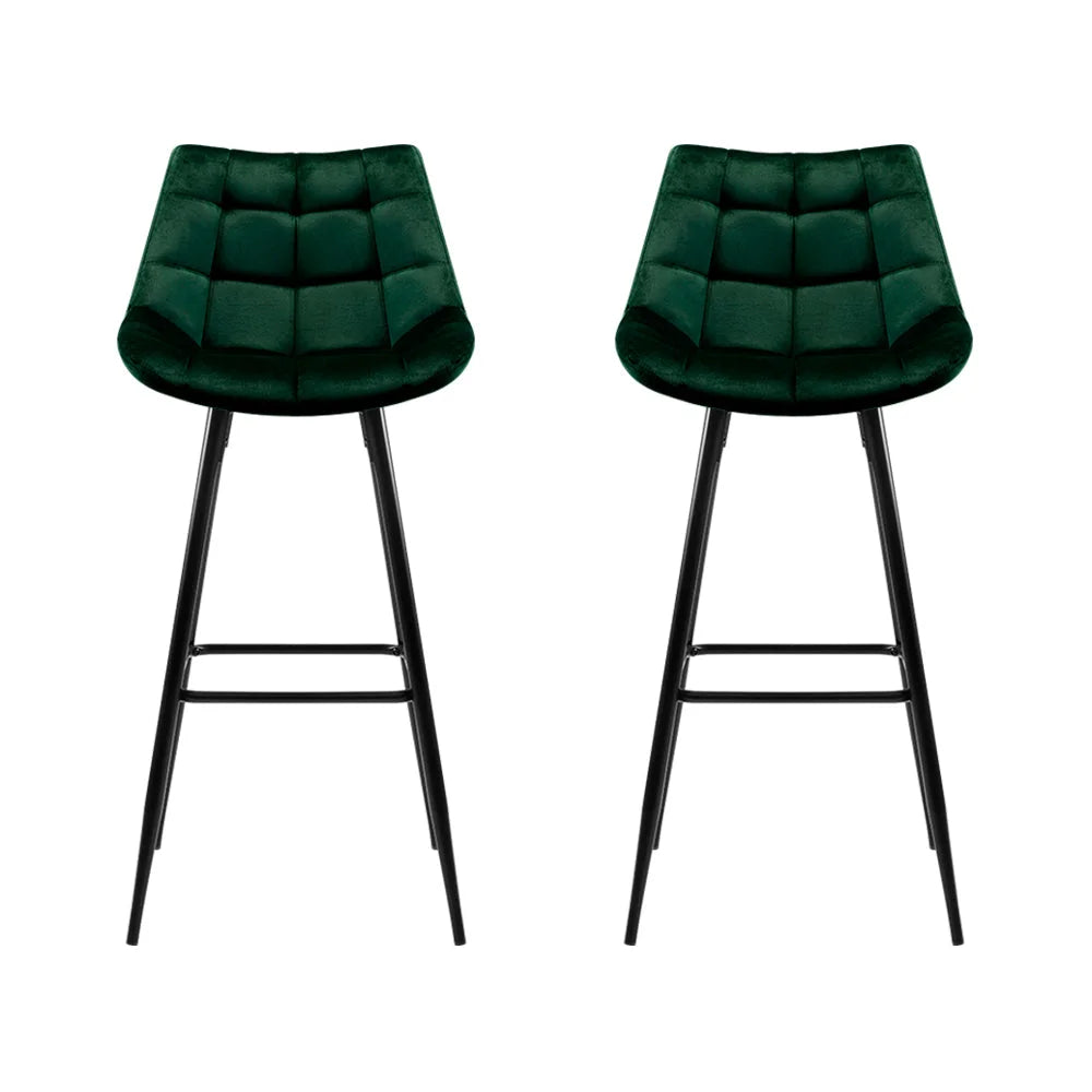 Green velvet bar stool set with woven seat and timber frame