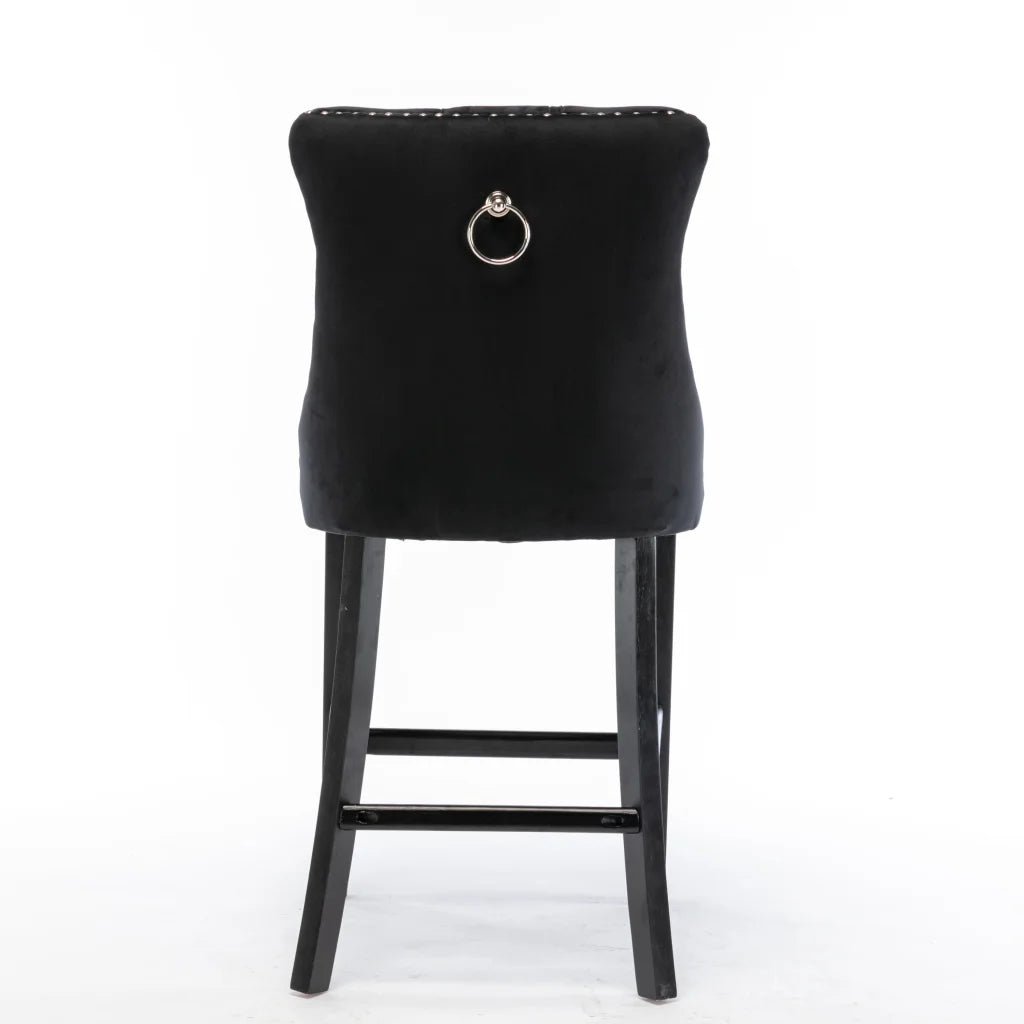 Velvet Bar Stools Set of 2 with Studs Trim Wooden Legs