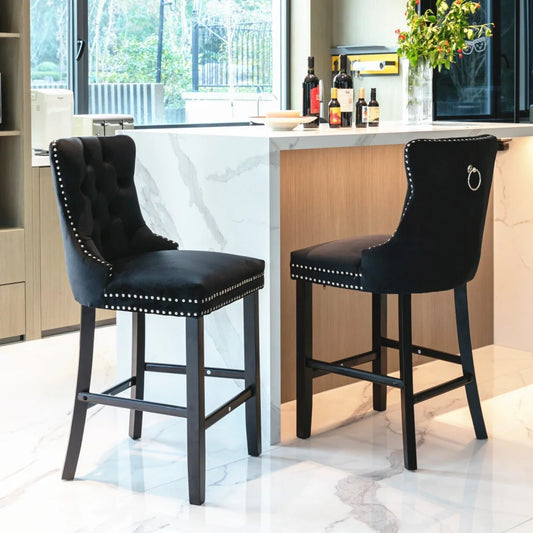 Velvet Bar Stools Set of 2 with Studs Trim Wooden Legs