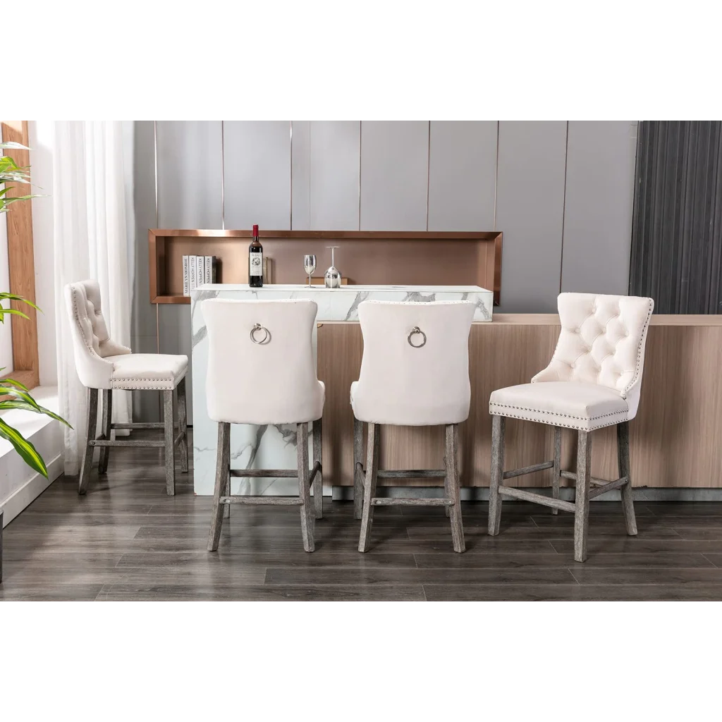 Velvet Bar Stools with Studs Trim - Wooden Legs Tufted
