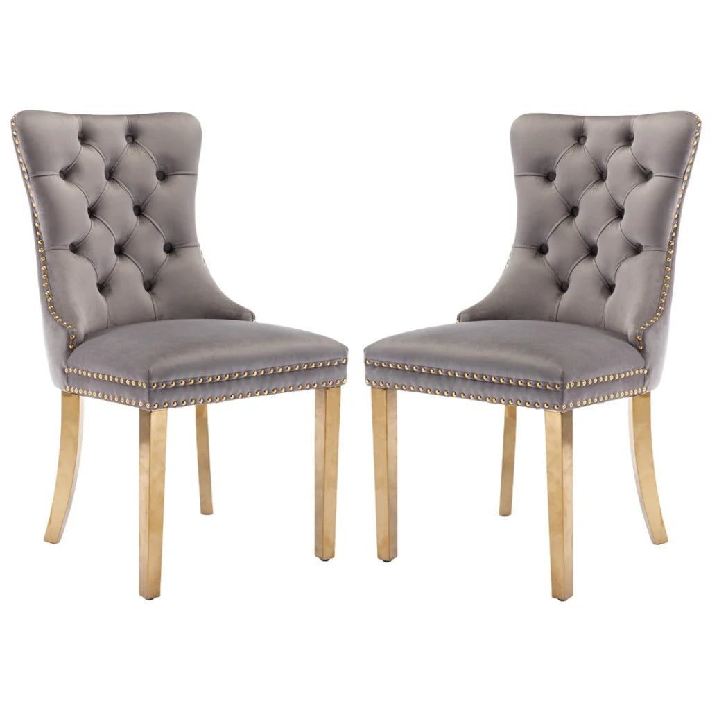 Velvet Dining Chairs 2X with Golden Metal Legs - Grey