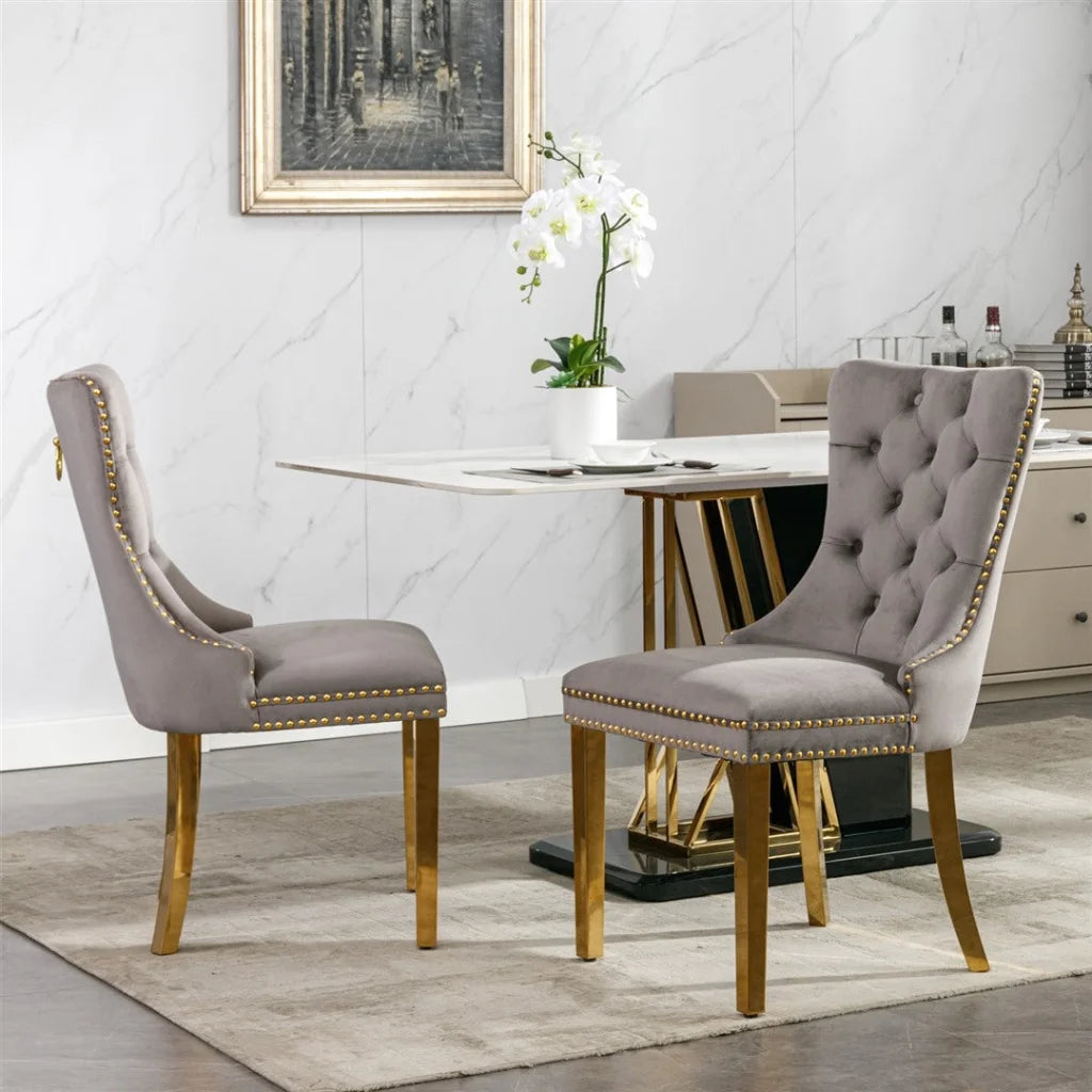 Velvet Dining Chairs 4X with Golden Metal Legs - Grey
