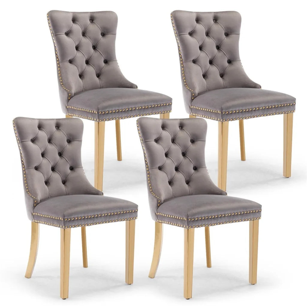 Velvet Dining Chairs 4X with Golden Metal Legs - Grey