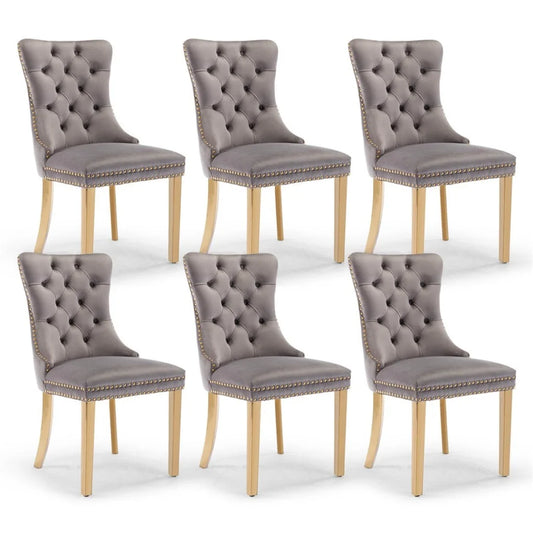 Velvet Dining Chairs 6X with Golden Metal Legs - Grey