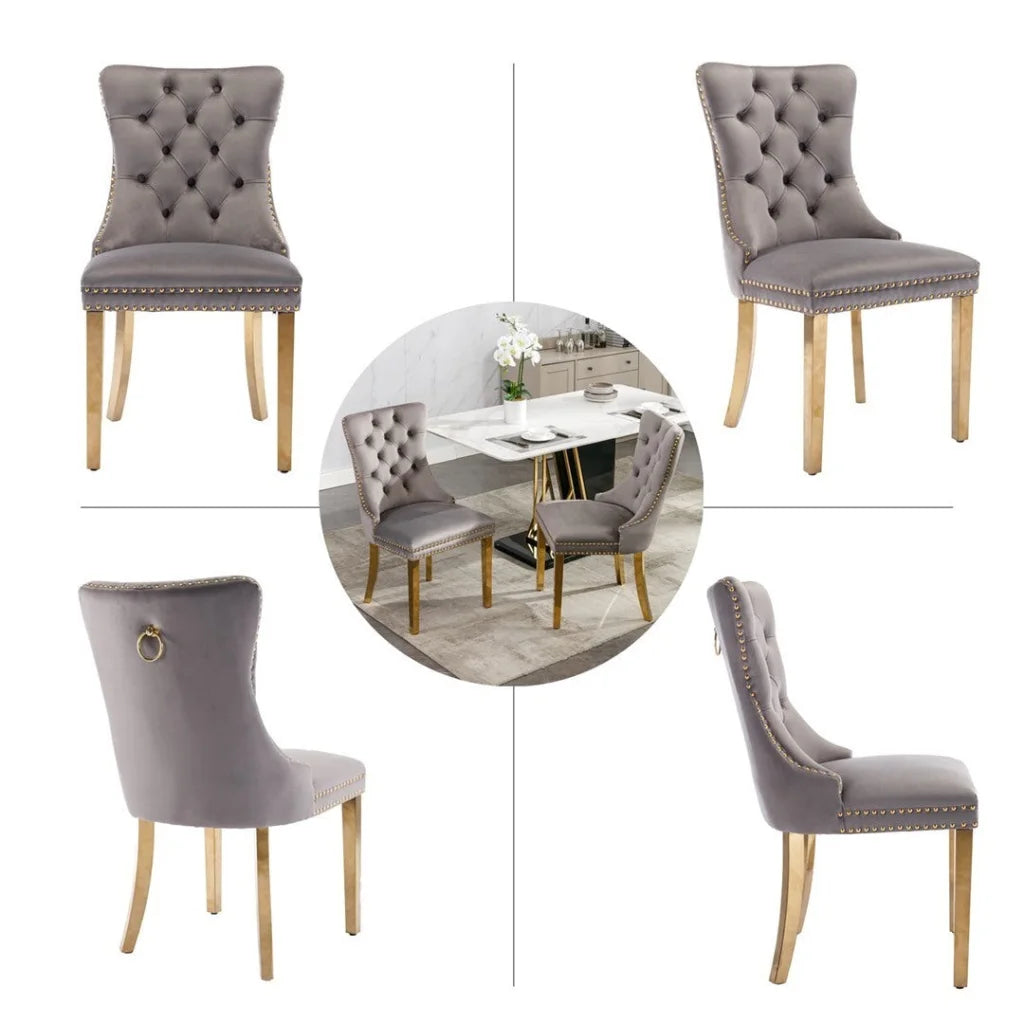 Velvet Dining Chairs 8X with Golden Metal Legs - Grey