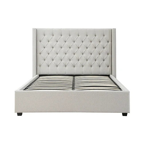 Veronica Bed Frame King Size Winged Grey Linen Fabric Seam