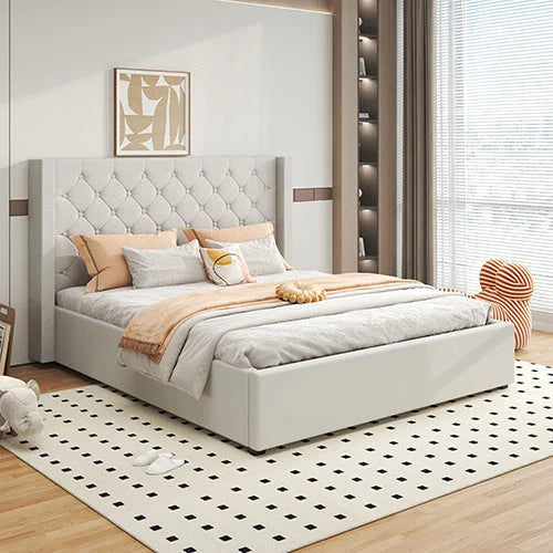 Veronica Bed Frame King Size Winged Grey Linen Fabric Seam