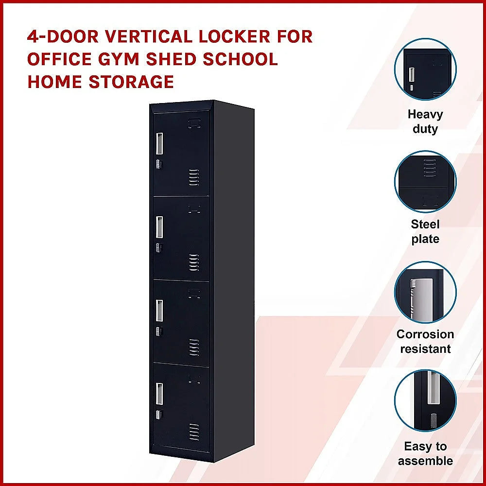 Vertical Locker Office Gym 4-Door Padlock Operated - Black