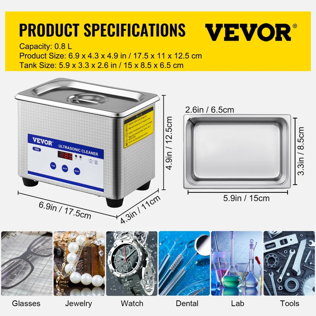 Vevor professional ultrasonic with compact layout and accessory details