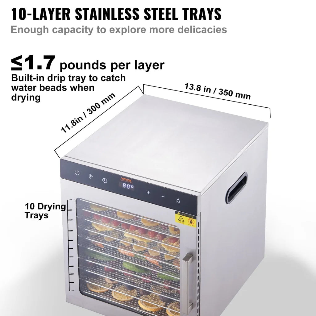 VEVOR 10 Trays Food Dehydrator Machine Stainless Steel 800W