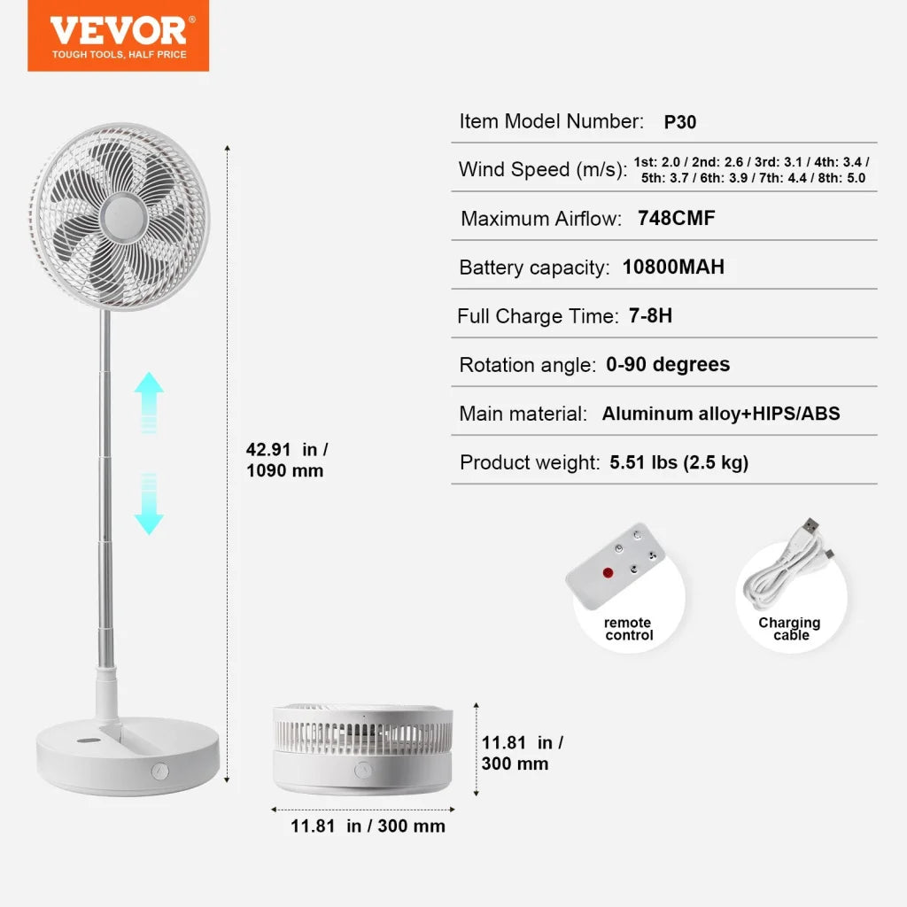 VEVOR 12 Inch Foldable Oscillating Standing Fan with Remote